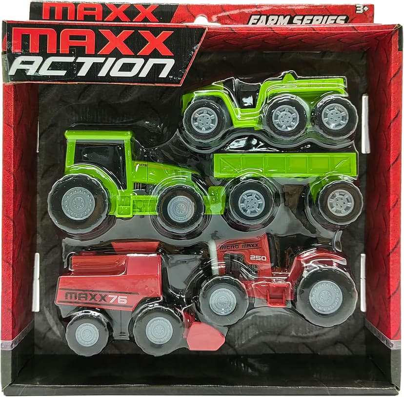 Maxx Action Farm Construction 5pk Toy Truck Set, Includes Wagon, 6x6, Modern Tractor, Combine and Vintage Tractor Vehicles with Moving Parts, Cake Toppers, Ages 3+ - Sunny Days Entertainment