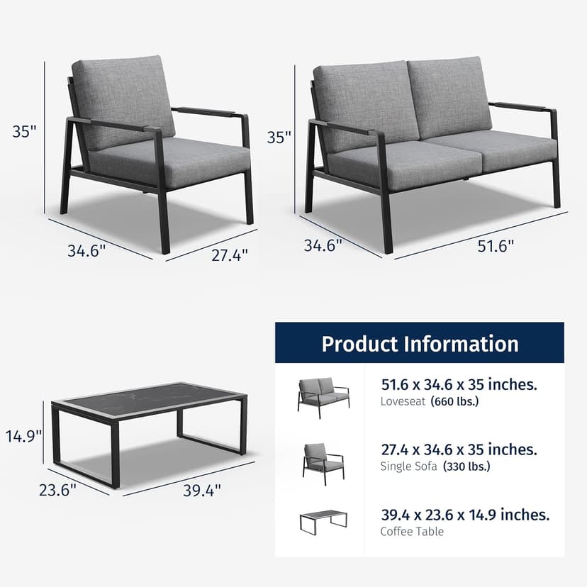 EAST OAK 4-Piece Patio Conversation Set, Waterproof Outdoor Furniture Set with Thick Cushion, Patio Furniture Set for 4, Woven Armrests Sofa and Coffee Table for Garden, Misty Grey