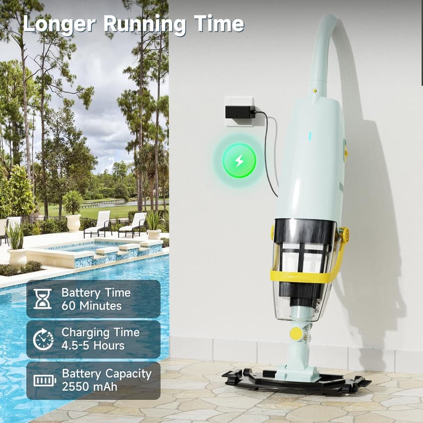 (2025 Upgraded) Cordless Handheld Pool Vacuum, Rechargeable Pool Cleaner with Telescopic Pole and Fine-Sponge, Powerful Suction, Ideal for Above & In-Ground Pools, Spas, Hot Tubs, Yellow