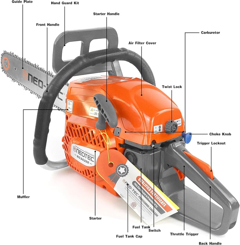 NEOTEC 20 Inch Chainsaw, 62CC Power Chain Saws Gas Powered 2 Stroke Handed Petrol Gasoline Chain Saw for Cutting Wood Outdoor Garden Farm Home