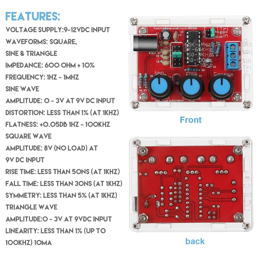 Signal Generator Kit, XR2206 Precise Function Signal Generator Frequency Module DIY Kit Sine Triangle Square Output Adjustable 1Hz-1MHz, 9-12V Direct Current Input(1 Piece)