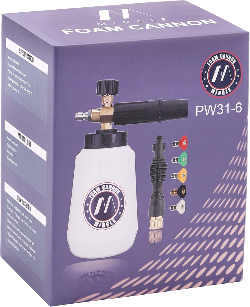 M MINGLE Foam Cannon, Compatible with Portland Husky and Ryobi Pressure Washer, with 5 Nozzle Tips, 1/4 Inch Quick Connector