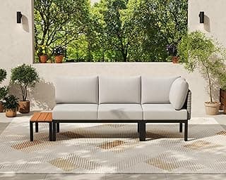 Patio Furniture Sets All Weather Outdoor Sectional Patio Sofa Convertible Patio Seating Sofas with 6" Cushion and Faux Wood Coffee Table
