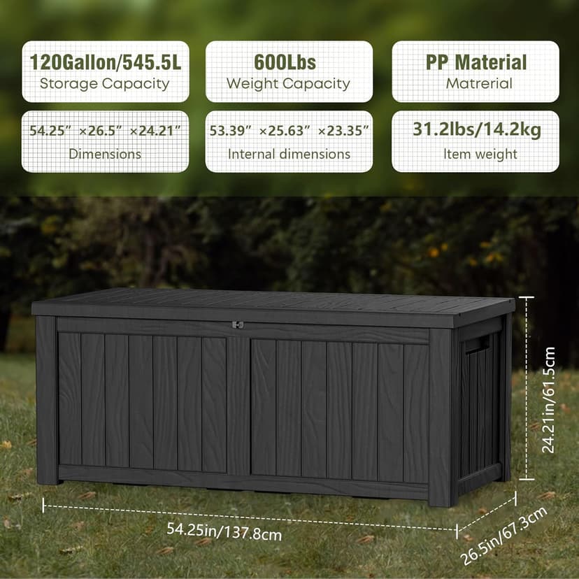 120 Gallon Lockable Resin Deck Box, Waterproof & UV-Resistant Outdoor Storage Box for Outdoor Cushion Storage and Delivery Storage Box, Black