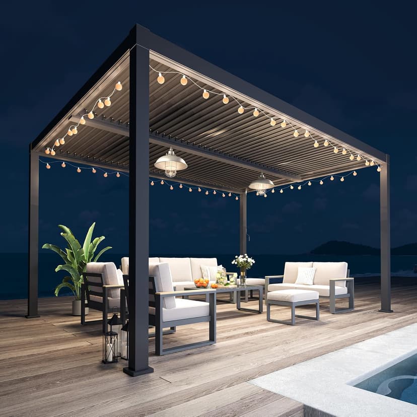 Louvered Pergola 12'x16', Full Aluminum Outdoor Pergola with Adjustable Rainproof and Gutter System, Hardtop Gazebo for Patio, Deck, Garden, Yard, Black