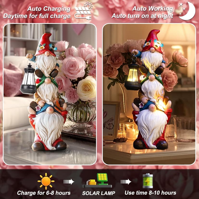 Garden Gnome Statue with Solar Lights Large Garden Sculptures Funny Triple Gnome Outdoor Patio Lawn Yard Balcony Garden Home Decor Gifts for Women Mom 12 in Fathers Day Gnome