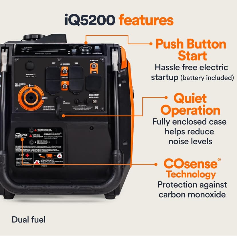 Generac 5,200-Watt Dual-Fuel Portable Inverter Generator - Gas and Propane Compatible - Compact and Lightweight Design - Clean, Stable Power - COsense Technology - Orange/Black - 49 State Compliant