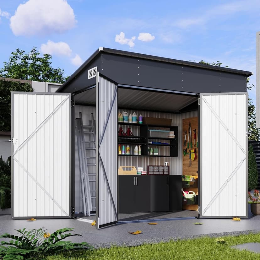 194 cu.ft Shed 7.3x5.3 Ft Premium Galvanized Steel Storage Sheds with Triple Doors Weatherproof Outdoor Utility Sheds, Dual Lock Lean to Shed for Mower, Bike, Generator, Garden Tools (Black)