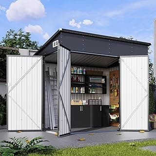 194 cu.ft Shed 7.3x5.3 Ft Premium Galvanized Steel Storage Sheds with Triple Doors Weatherproof Outdoor Utility Sheds, Dual Lock Lean to Shed for Mower, Bike, Generator, Garden Tools (Black)
