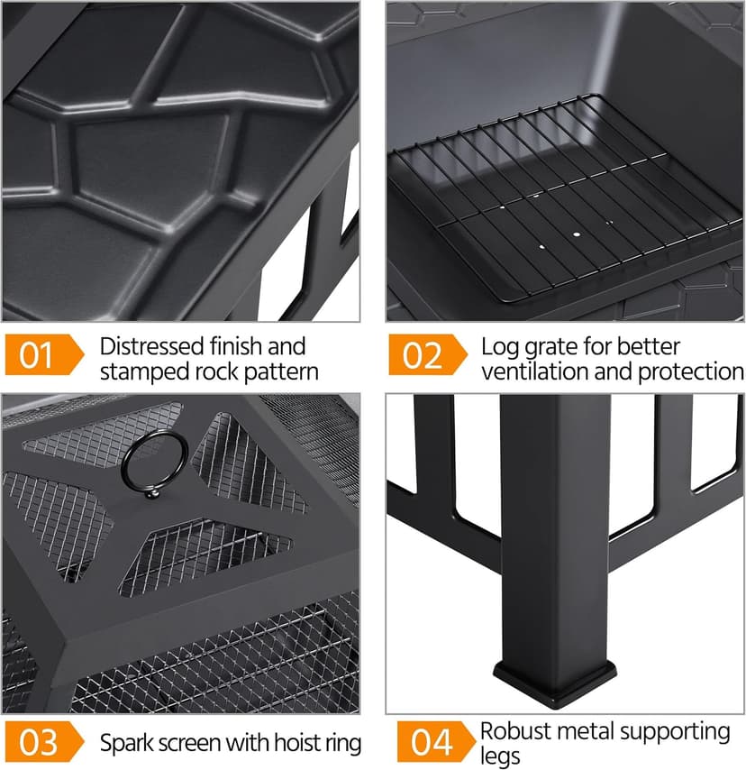 Yaheetech 34in Fire Pit Table Outdoor Wood Fire Pits Fire Pits for Outside Patio Square Steel Stove with Mesh Screen, Waterproof Cover & Poker for Bonfire Camping