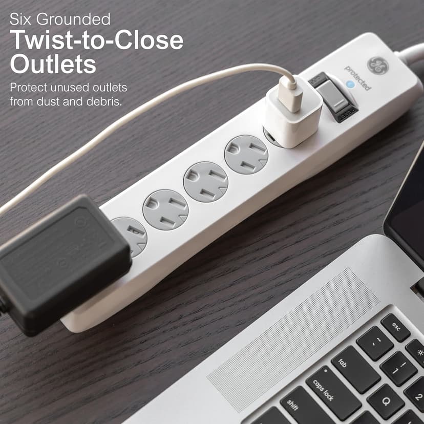 GE 6-Outlet Surge Protector, 20 Ft Extension Cord, Power Strip, 800 Joules, Flat Plug, Twist-to-Close Safety Covers, Protected Indicator Light, UL Listed, White, 50770
