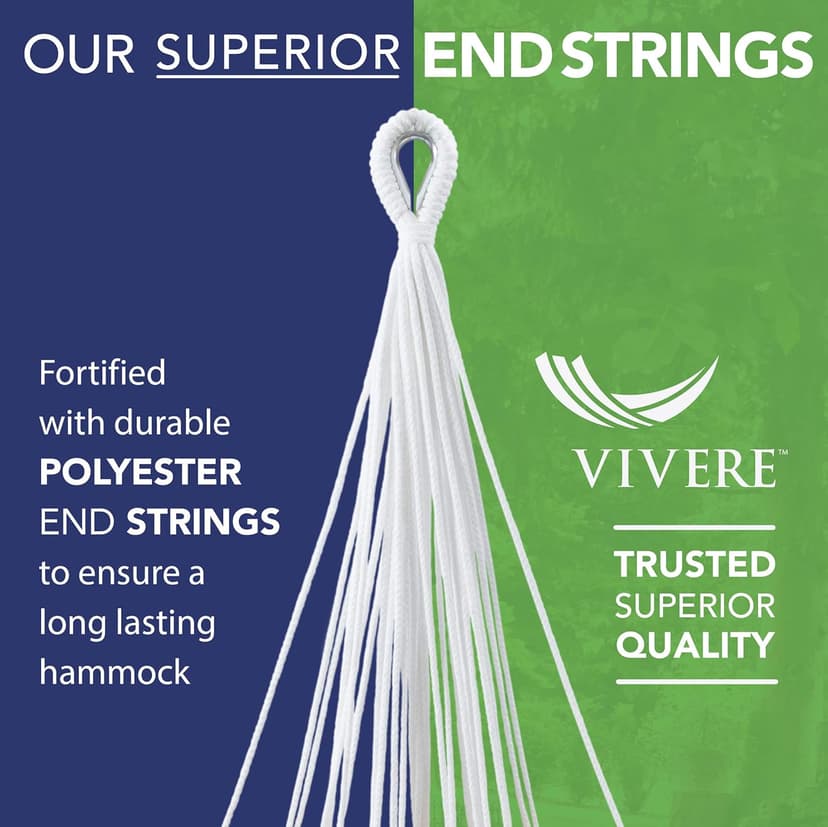 Vivere Brazilian Style Double Cotton Hammock with Polyester End Strings, 450 lb Weight Capacity (Tranquility)