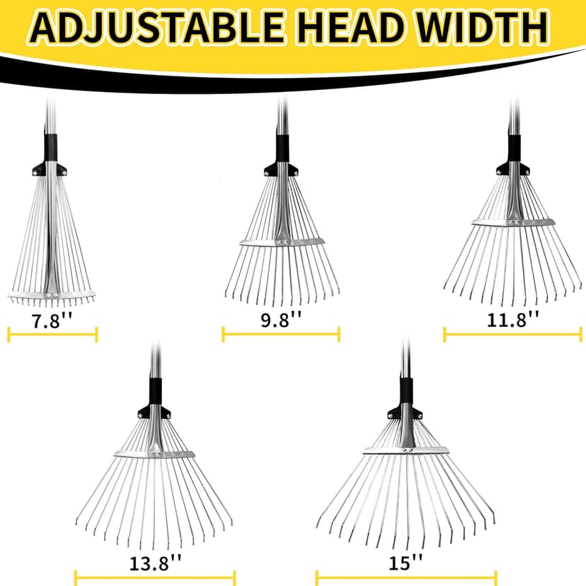 Garden Rake for Leaves,Heavy Duty Metal Adjustable Leaf Rake for Lawns,Long Handle 33"-69" with Expandable Head 8"-15",Garden Tools for Yard Lawn Shrub Garden Beds