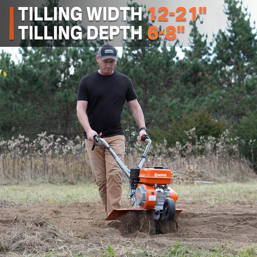 NOVUS 21-Inch Gas Tiller for Gardening, 212cc Front Tine Tiller Cultivator, 4-Cycle Engine with Toolless Adjustable Tilling Width 12"-21", Versatile Garden Tillers Gas Powered