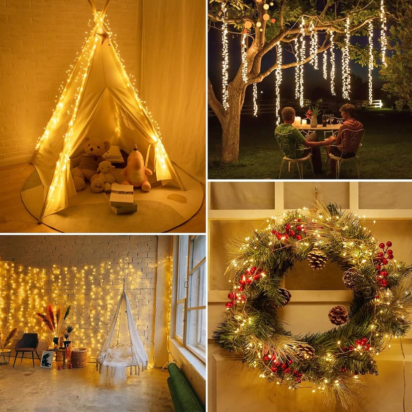 Minetom Fairy Lights Plug in, 10Feet 200 Led Cluster Lights Waterproof Firecracker Starry String Lights for Ceiling Bedroom Wreath Window Wedding Christmas Tree Decoration, Warm White (No Remote)