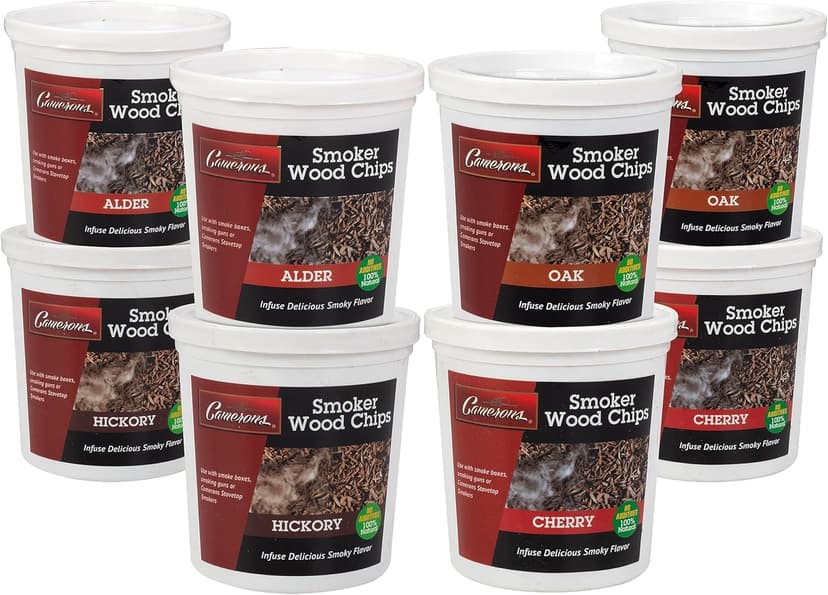 Camerons All Natural Extra Fine Cut BBQ Wood Chips - 2 Alder, 2 Cherry, 2 Oak, 2 Hickory (8 Pints, 0.473L ea)- Sawdust Shavings for Smoking Guns, Smokers, Smoke Boxes, Grill- Barbecue Variety Gift Set
