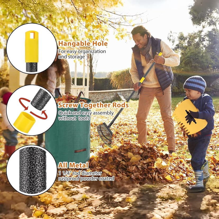 Rake,65 Inch Garden Leaf Rake Set, Wide Heavy Duty Leaves Raking Tools with 25 Metal Tines, 32 Gallon Leaf Bags and Scoops, Yard Garden Thatching Rakes for Lawn Flower Bed Grass Mulch Shrub