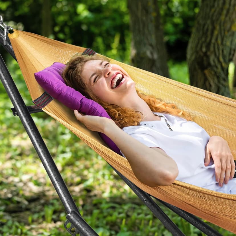 Tranquillo Double Hammock with Stand Included for 2 Persons/Foldable Hammock Stand 600 lbs Capacity Portable Case - Inhouse, Outdoor, Camping, Yellow