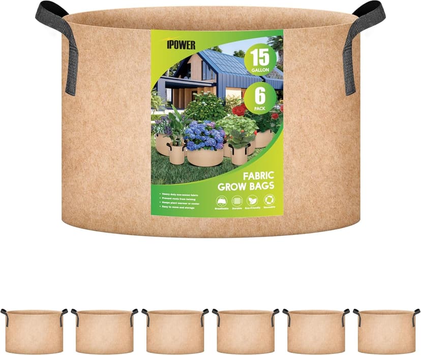 iPower Grow Bag 15 Gallon 6-Pack Heavy Duty Plant Pots, 300g Thick Nonwoven Fabric Containers Aeration with Nylon Handles, for Planting Vegetables, Fruits, Flowers, Tan 2024 Version