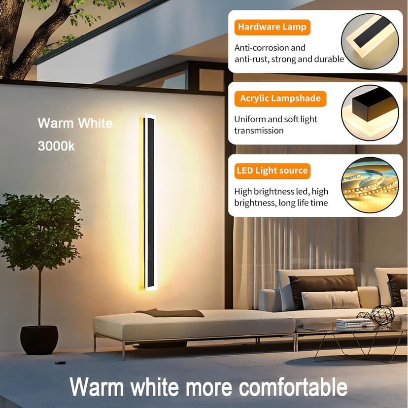 2Pack 31.5inch Long Outdoor Modern LED Wall Light,24W Waterproof IP65 Warm White 110V led Wall Mount Lighting Fixture Rectangular Black Wall Lights Elegant Frosted White Acrylic Anti Rust
