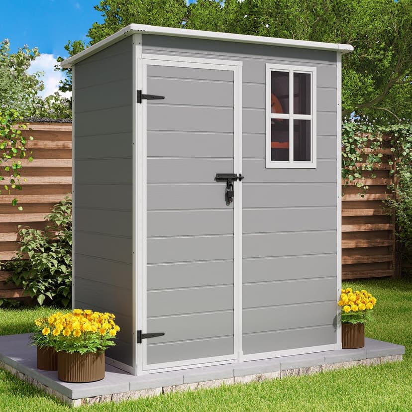 Gizoon 5X3 FT Resin Outdoor Storage Shed, Plastic Garden Sheds with Floor to Store Patio Furniture, Gardening Tools, Outside Patio Storage House with Lockable Door for Backyard, Lawn, Grey