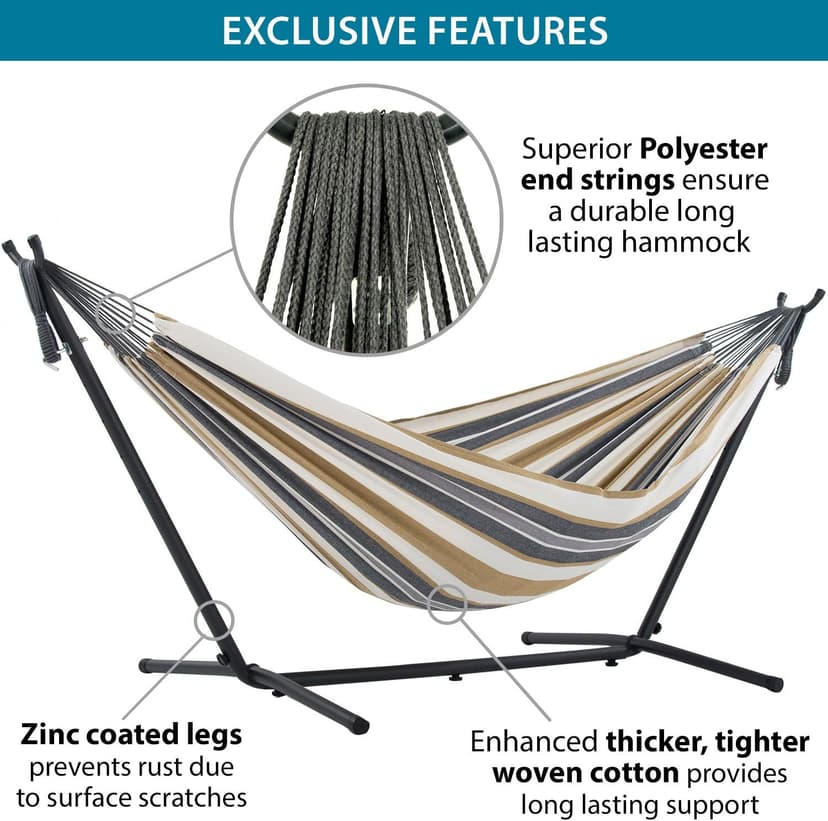Vivere Double Cotton Hammock with Space Saving Steel Stand, Upgraded Polyester End Strings 450 lb Capacity - Premium Carry Bag Included - USA Grown Cotton (Desert Moon)