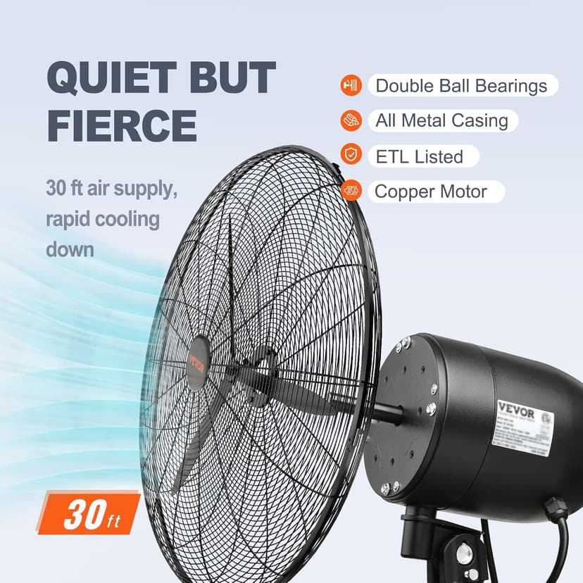 VEVOR 30 Inch Wall-Mount Misting Fan, 3-speed IP44 Waterproof Oscillating, Max. 9500 CFM Wall Mounted Fan for Outdoor, Commercial, Residential, Greenhouse, Workshop, Patio, Black, ETL Listed