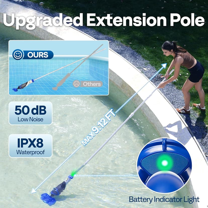 VIVOHOME Cordless Pool Vacuum with Telescopic & Extension Poles 9.12ft, 18.5 GPM Suction, 60-Min Run Time, Handheld Cleaner Rechargeable with Battery Indicator for Pools/Spas/Hot Tubs - Blue
