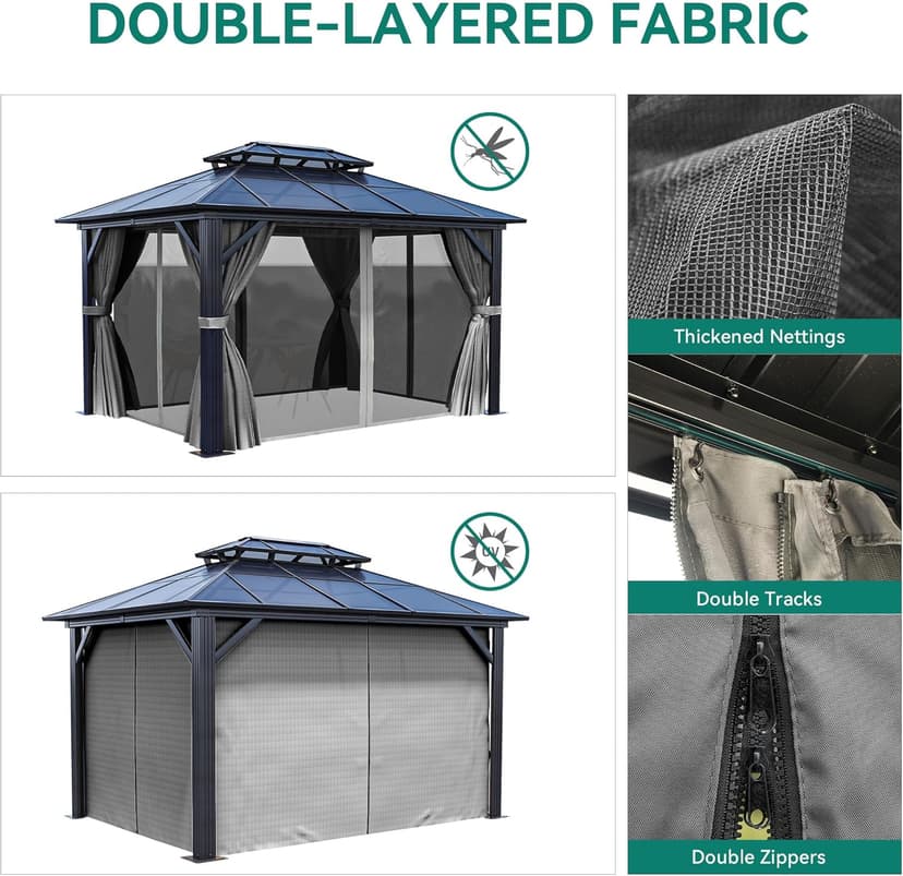YITAHOME 10X12FT Hardtop Gazebo Outdoor Polycarbonate Patio Double Top Canopy Galvanized Iron Aluminum Column Garden Tent Curtains Netting for Backyards Decks Lawns,Gray
