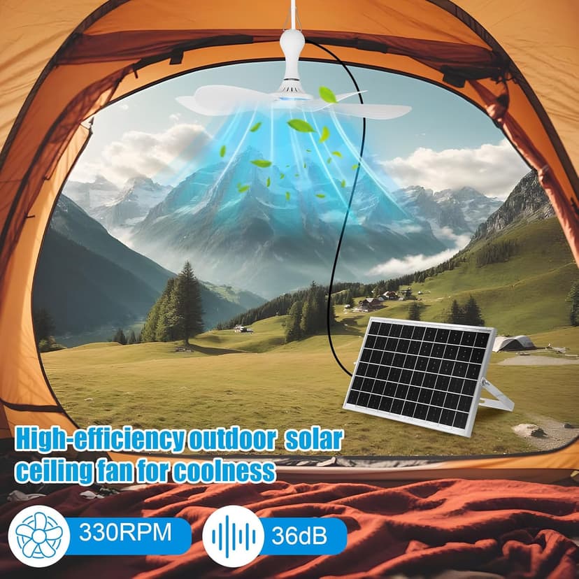 Solar Ceiling Fan Kit 16.5'', 15w Monocrystalline Solar Panel USB Hanging Ceiling Fan with Remote Control Timing Small Panel Kit for Patio Camping Tent Chicken Coop Greenhouse Shed