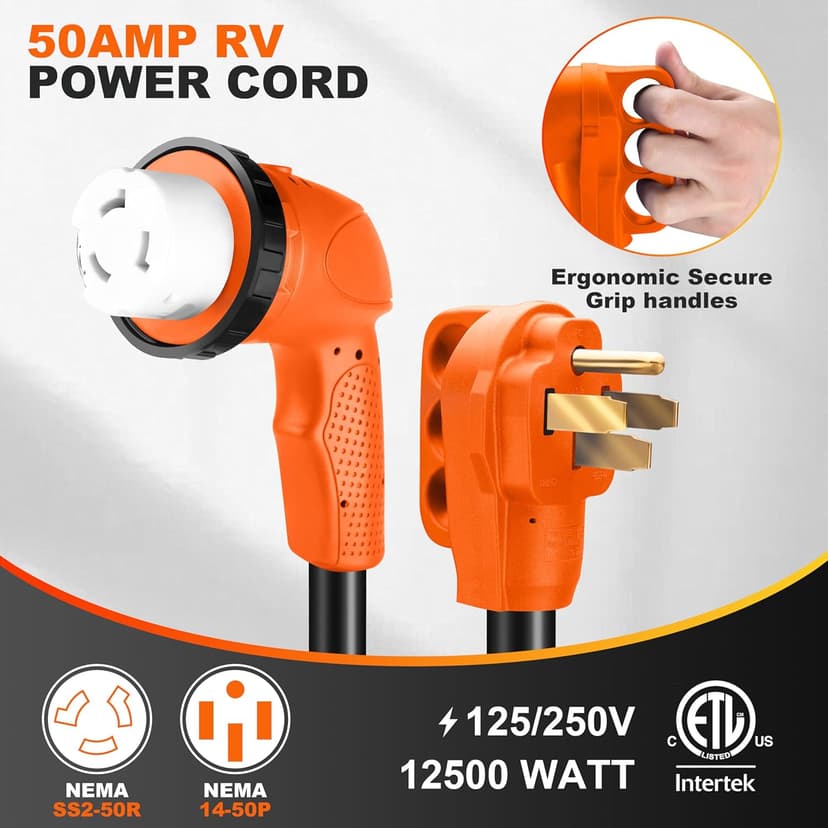 50 Amp RV Extension Cord 10 ft, Heavy Duty 6/3+8/1 SJTW AWG RV Power Cord with Grip Handle Twist Lock, NEMA 14-50P to SS2-50R with Polarity Lamp