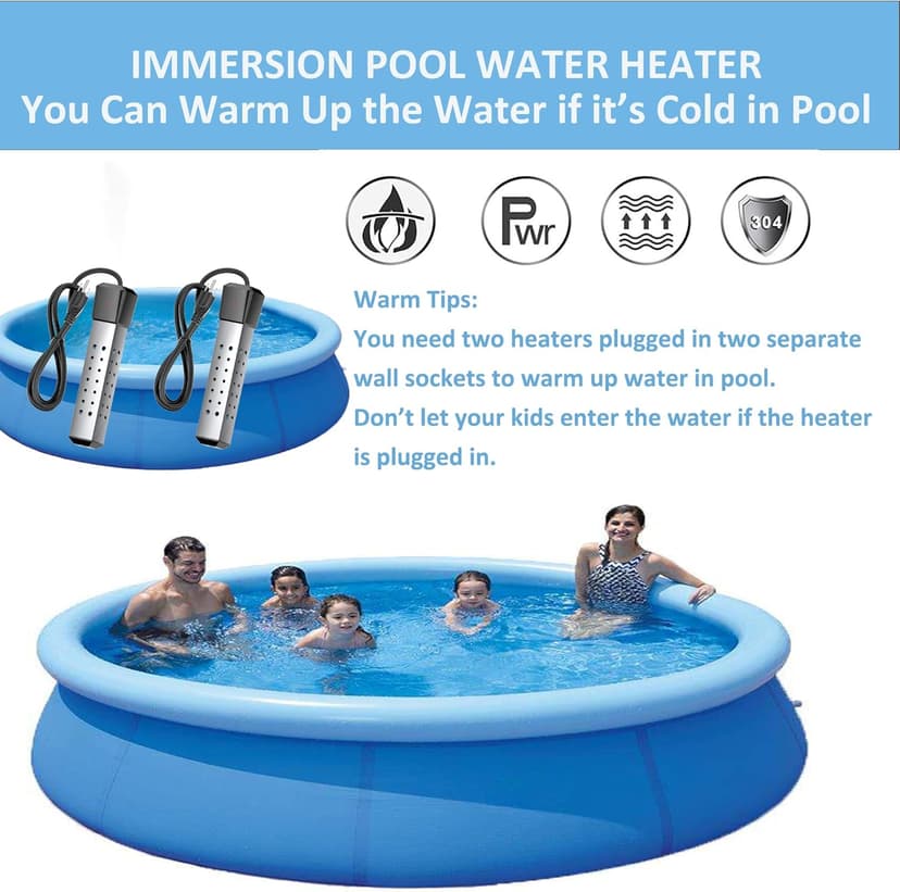Immersion Water Heater,Pool Heater for Inflatable Pool, Portable Hot Tub Heater with Stainless Steel Protection Guard and LCD Digital Thermometer,Heat Water Fast in Small Pool,Bucket and Bathtub.
