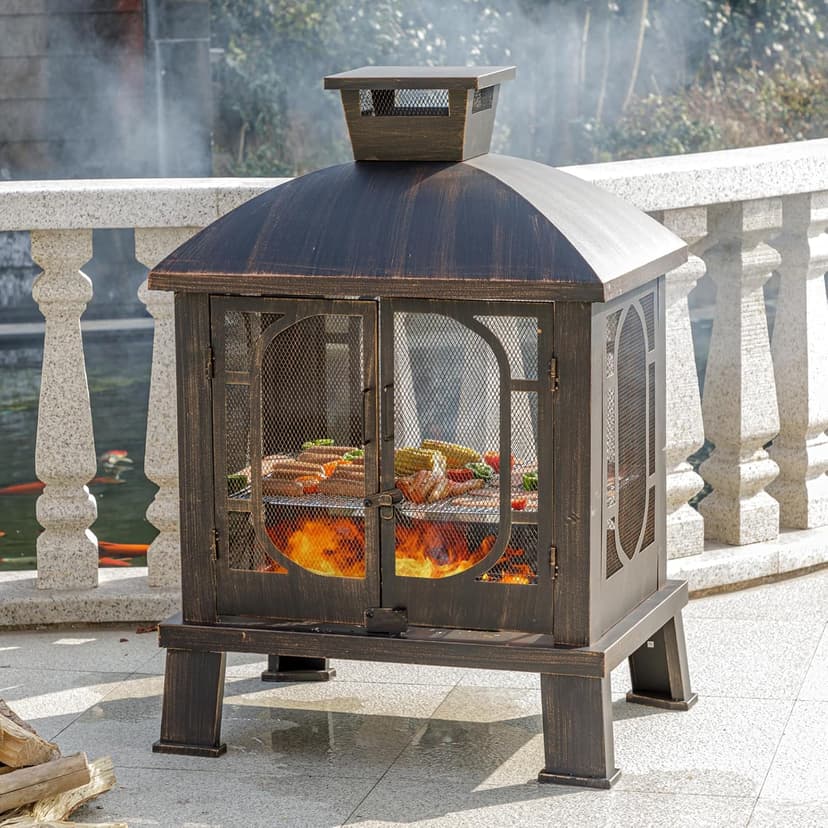 45" H×31''W Metal Chiminea Fire Pit with Grill, Wood Burning Fire Pits for Outside,Square Chimineas Fireplace with Mesh Spark Screen Door& Fire Poker for Garden,Yard,BBQ,Bonfire