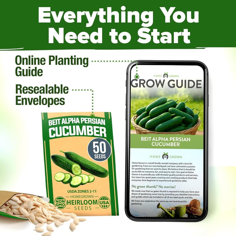 HOME GROWN Persian Cucumber Seeds – 50+ Heirloom Non-GMO, High-Yielding Beit Alpha Variety | Fast Growing, Sweet Tender Skin, Home Vegetable Garden Seeds (Cucumis sativus)