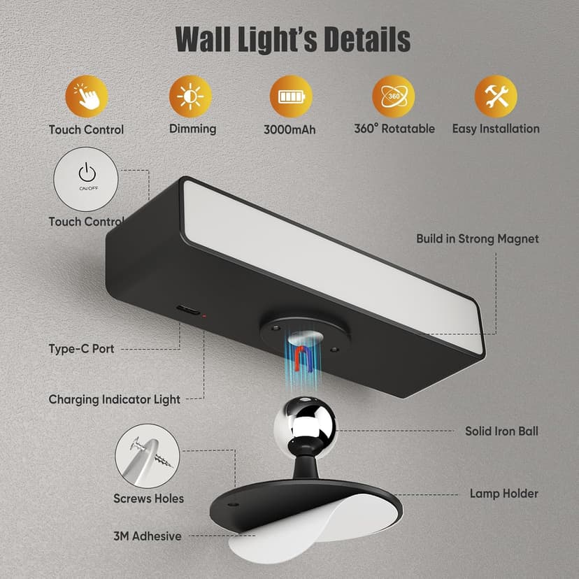 Honalia Adhesive Wall Lights for Bedroom 2 Pack, Rechargeable Wall Lights with Magnetic & Dimmable, 360 Rotation Cordless Wall Sconce, Peel and Stick Lights for Wall Bedside, Reading