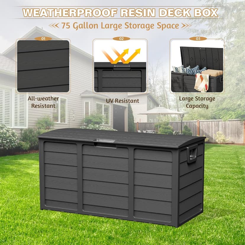 SUNCROWN 75 Gallon Deck Storage Box Resin Outdoor Storage Container with Handles for Patio Garden Yard, Black, Black