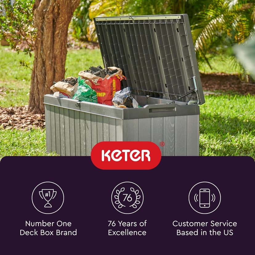 Keter Darwin 100 Gallon Resin Large Deck Box Organization and Storage for Patio Furniture, Outdoor Cushions, Garden Tools, Grey & Black