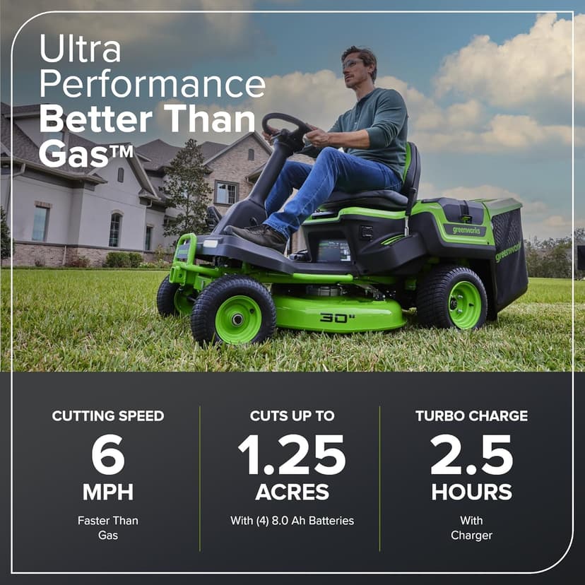 Greenworks 60V 30" Tractor, (4) 8.0Ah + Wall Charger