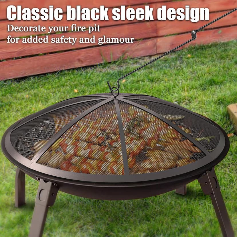 Fire Pit Spark Screen, 24Inch Fire Pit Lid Outdoor with Handle & Poker, Heavy-Duty Mesh Firepit Cove with 12 Reinforced Bars for Backyard/Beach/RV Camping