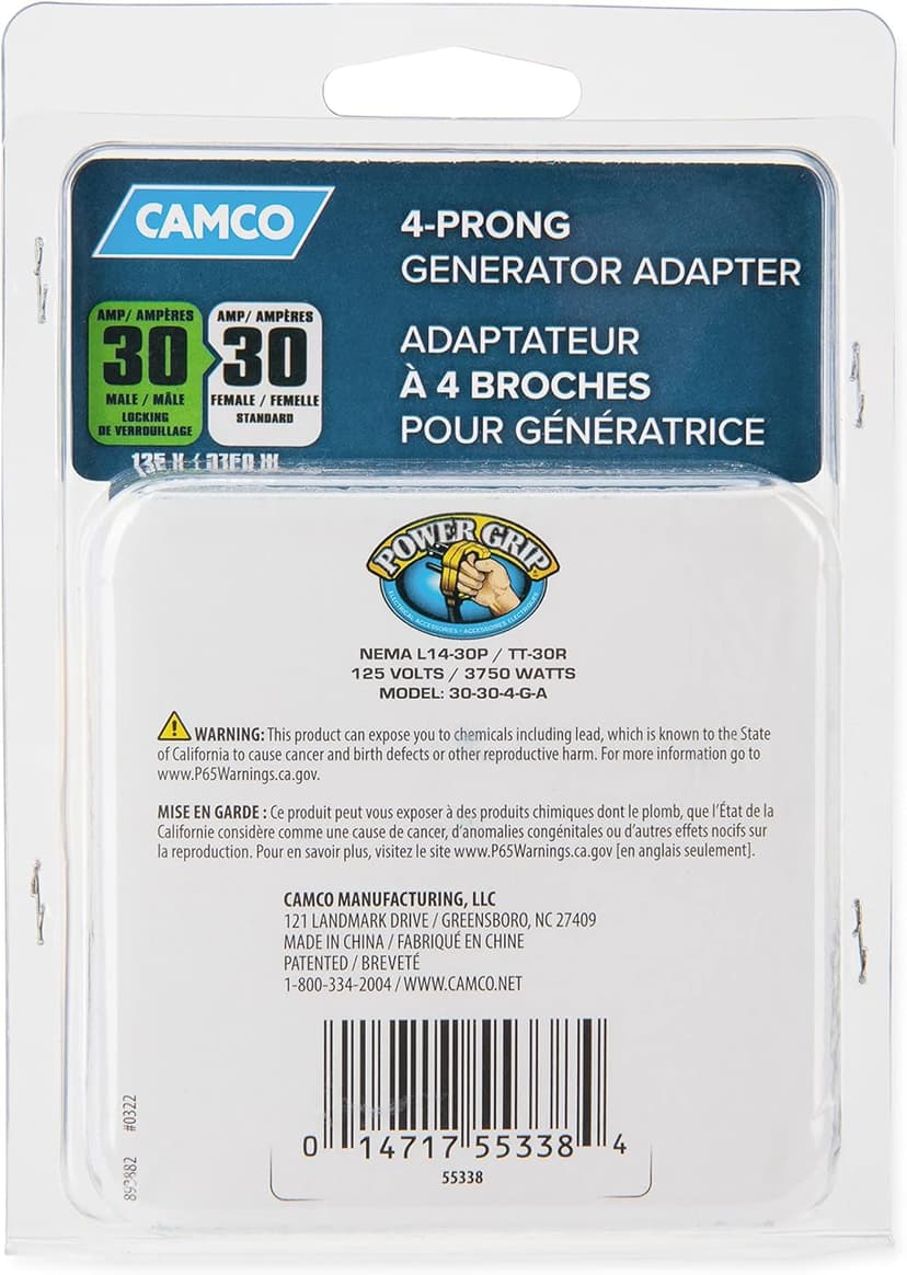 Camco 55338 PowerGrip 30 Amp 4-Prong Generator Adapter, Yellow