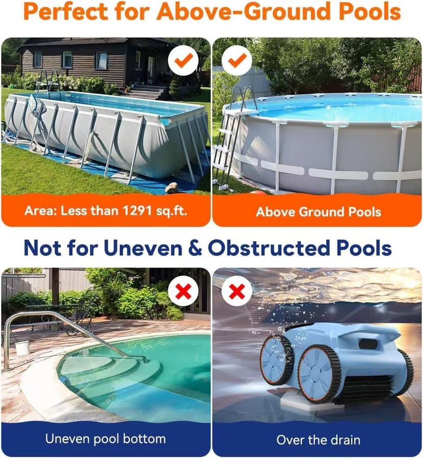 Pool Vacuum for Above Ground Pool Made by Seauto, Pool Vacuum for Inground Pools Cleans Up to 2100 Sq.ft, Pool Robot Vacuum Lasts Up to 180 Mins, Pool Cleaner for Wall, Floor and Auto Mode