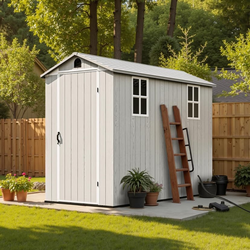Patiowell 4' x 8' Outdoor Storage Shed with Floor, Plastic Shed Outside Resin Tool Shed with Two Windows and Lockable Door for Backyard Garden Patio Lawn, White (Fit-it Shed)