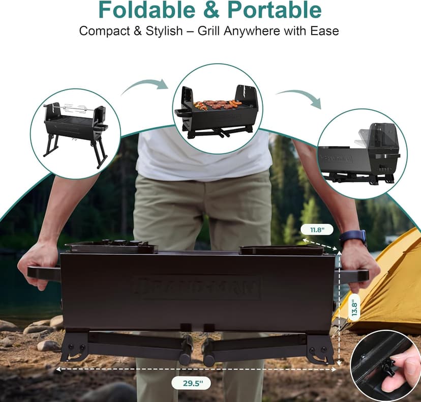 Brand-Man portable Charcoal Grill with Motor, 2-in-1 Adjustable Spit Roaster & BBQ Grill for Camping, Tailgating, Backyard, & Outdoor Cooking, Foldable Legs & dual side vents
