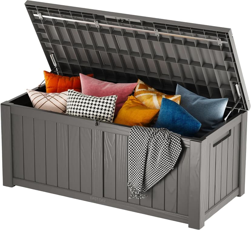 EAST OAK Outdoor Storage Box, 120 Gallon Deck Box with Stainless Steel Rods Large Resin Storage Bin for Patio Cushions, Garden Tools, Waterproof and UV Resistant, Lockable, outside storage, Grey