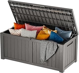 EAST OAK Outdoor Storage Box, 120 Gallon Deck Box with Stainless Steel Rods Large Resin Storage Bin for Patio Cushions, Garden Tools, Waterproof and UV Resistant, Lockable, outside storage, Grey