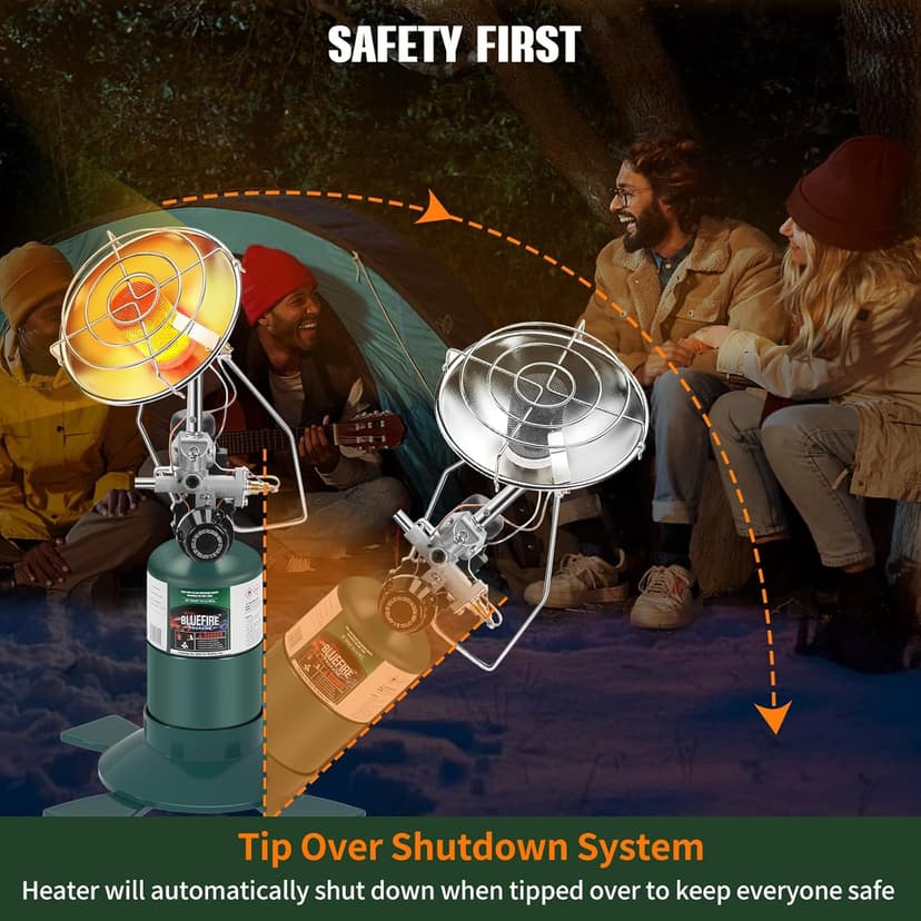 KOMAN Propane Heater for Tent, Camping & Patio - Portable Outdoor Heater with 1lb Propane Tank & 20-40lb POL Adapter, Safety Shut-off Valve & Tip-over Switch