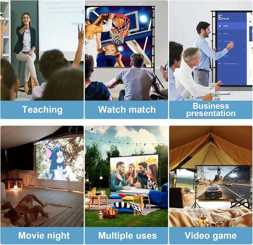 150"-Projector-Screen-with-Stand,HUANYINGBJB Outdoor Projection Screen, Portable 16:9 4K HD Rear Front Movie Screen with Carry Bag for Theater Backyard Movie Night,Cinema School, Churches, Parties