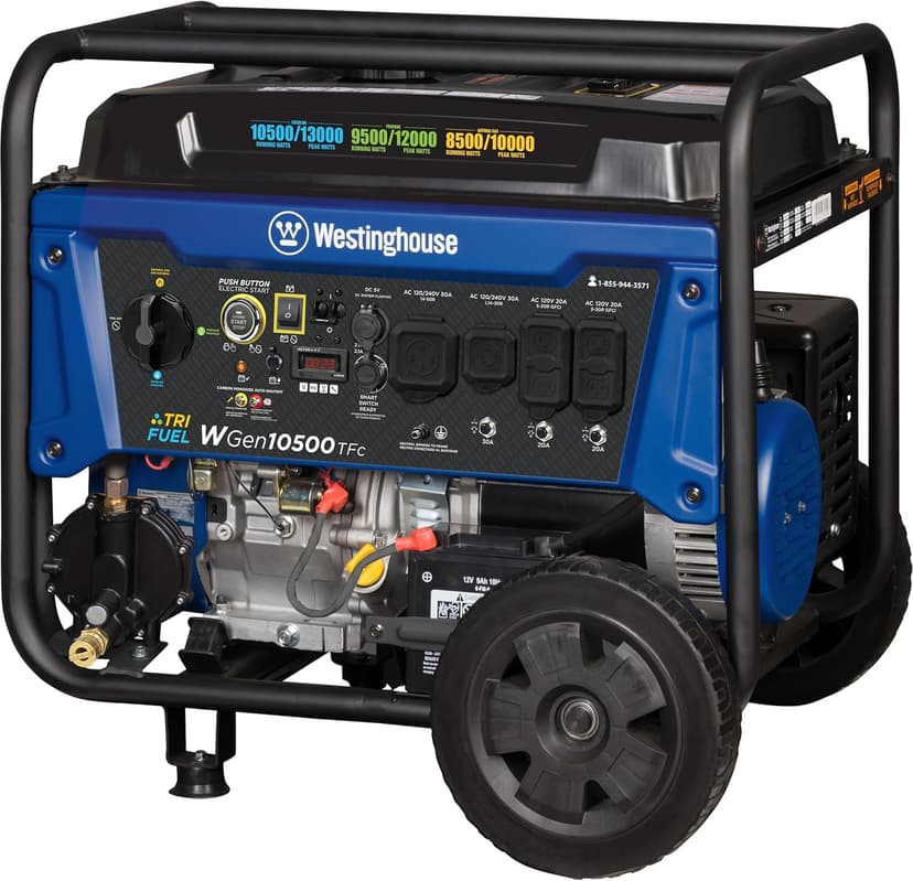 Westinghouse 13500 Peak Watt Tri-Fuel Home Backup Portable Generator, Remote Electric Start, Transfer Switch Ready, Gas, Propane, and Natural Gas Powered