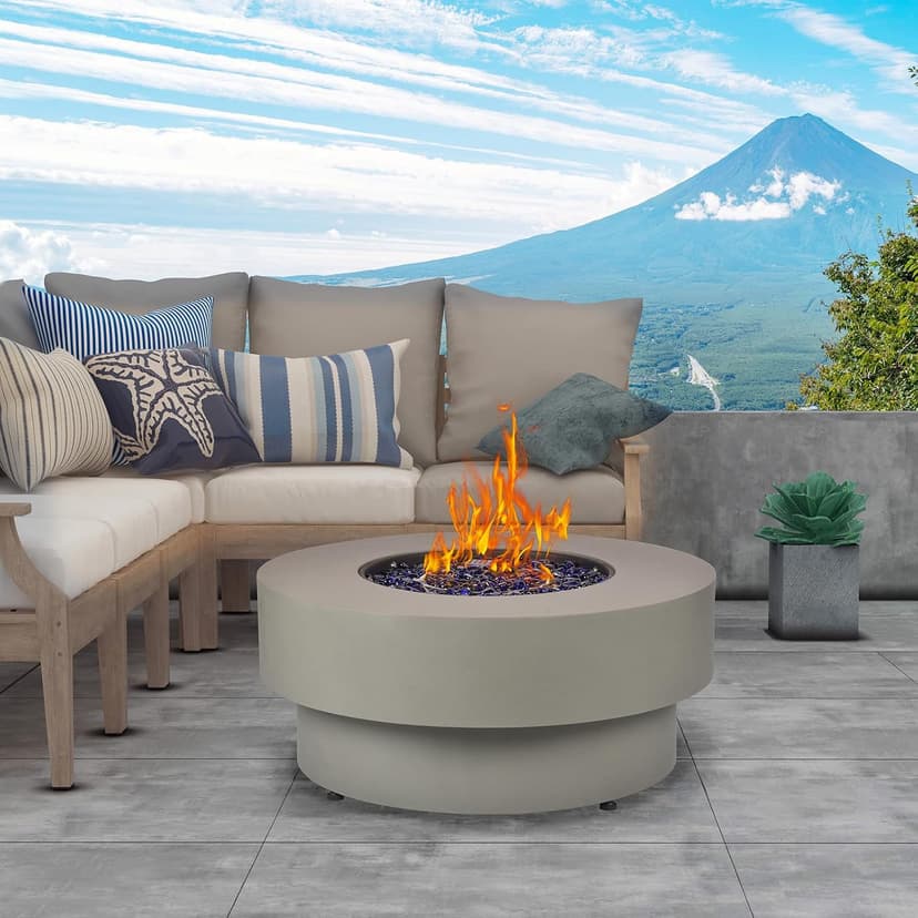 Propane Outdoor Fire Pit Table, Flint & Concrete Look 33-inch Round Patio Gas Fire Table 50,000 BTU w/Lid, Fire Glass, Heavy Duty Rain Cover, Pre-Attached 10ft Propane Hose