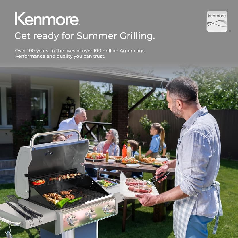 Kenmore 3-Burner Propane BBQ Grill, 30,000 BTUs Gas Grill with Cast Iron Cooking Grates, Folding Side Tables & Wheels, Outdoor Grill with Tool Hooks, Azure Blue